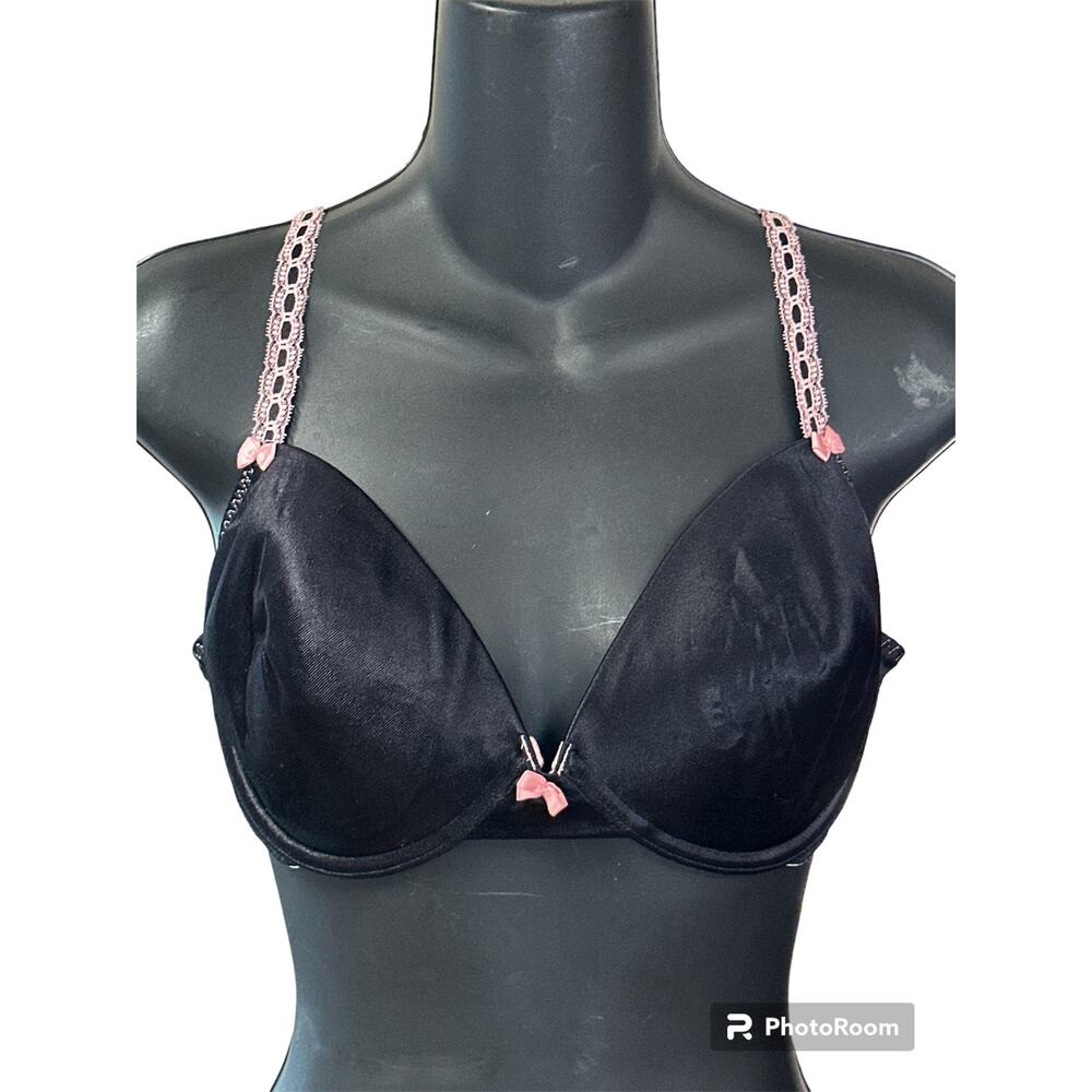 Rare Victoria's Secrets VTG Second skin Bra Bows Shiny Satin 36D black pink Y2K